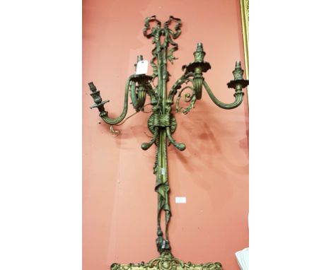 A PAIR OF VERY ATTRACTIVE CAST BRASS WALL LIGHT, each in the Adam's style with ribbon bow crest, and an unusual bracket forme