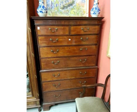 A FINE GEORGE III PERIOD MAHOGANY CHEST-ON-CHEST, the dentil-moulded cornice above three long and two short drawers, on a bas