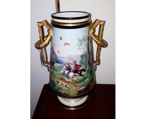 A PAIR OF UNUSUAL NINETEENTH CENTURY FRENCH VASES, each of upward-tapering form, applied with two gilt handles, each decorate