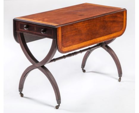 A GOOD 19TH CENTURY MAHOGANY PEMBROKE TABLE OR SOFA TABLE, in the manner of Thomas Hope, the top with two d-shaped flaps, inl