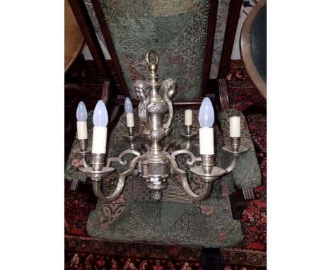 A FIVE-BRANCH RENAISSANCE STYLE CEILING LIGHT, the centre urn stem applied with three caryatids and a lower section issuing f