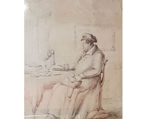 NINETEENTH CENTURY IRISH SCHOOL,  "Daniel O'Connell, The Liberator", pencil sketch, depicted seated by a desk holding a book 