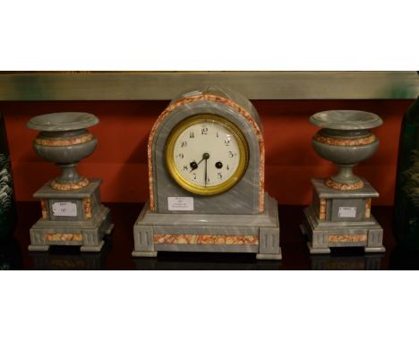 A THREE-PIECE GREY VEINED MARBLE MANTEL CLOCK GARNITURE, P. Bonnet and B. Pottier of Paris, with outside count wheel striking