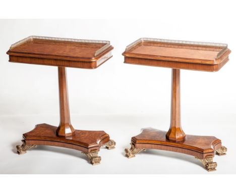 A VERY GOOD PAIR OF UNUSUAL REGENCY STYLE BURR WALNUT LAMP OR SIDE TABLES, each with three-quarter pierced brass gallery, rai