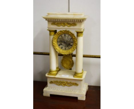 A 19TH CENTURY FRENCH PORTICO ALABASTER MANTEL CLOCK, by Derville of Lyon, the machine turned silverised dial with Roman nume