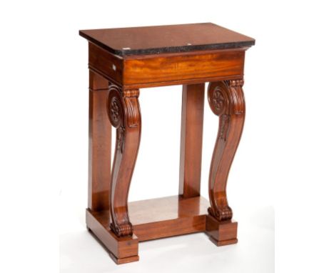 A VERY ATTRACTIVE WILLIAM IV MAHOGANY CONSOLE TABLE, of slender proportions, with black polished limestone top, above a plain