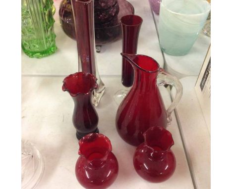 A collection of Ruby glassware to include Murano jug and vase