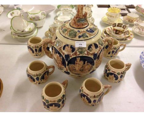 A c1920-30's German ceramic punch/gluhwein pot/bowl with lid & 6 matching cups, by Gerz of Germany. Features Castles of Germa