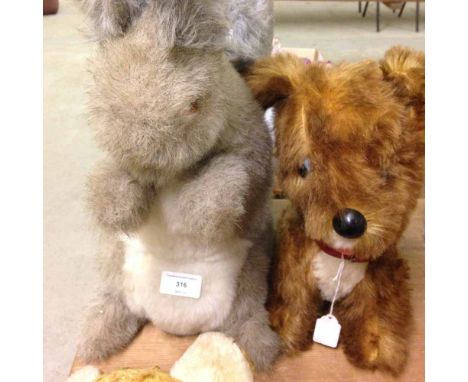 Large vintage Pedigree Dog soft toy, 29cm tall, with a 1970s Lapp toy squirrel by Anne Hoyle, 41cm tall.