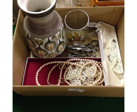 A small box of odds to include 3 faux pearl necklaces, a ceramic necklace & bracelet, a c1960's Langley Pottery vase, 6 pairs