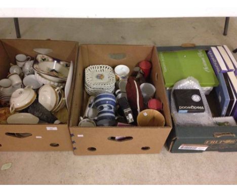 3 boxes of misc ceramics to include Masons & Wedgwood and a Tamron SLR camera zoom lens.