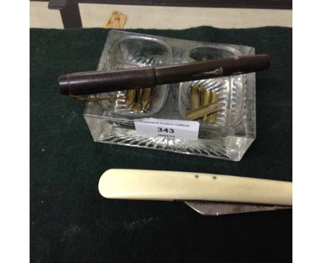 A vintage Conway fountain pen together with a Saynor & Cooke penknife 13cm long and a quantity of pen nibs and glass inkwell