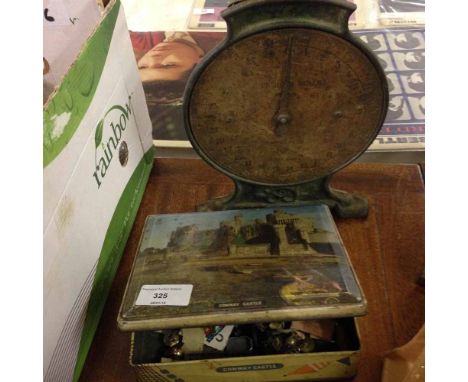 A vintage Sharp's Toffee tin depicting Conway Castle & assorted contents with a vintage Salter household weighing scales