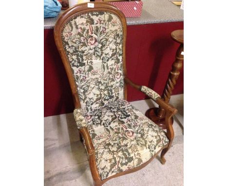 A reproduction Louis XVI style armchair with castle & flower pattern tapestry upholstery