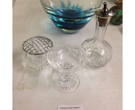 Collection of 3 cut crystal items to include a small decanter with hallmarked silver pourer.