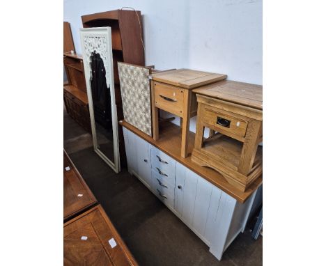 A mixed lot of modern furniture comprising painted &amp; oak top sideboard, tile top coffee table, two oak side tables and a 