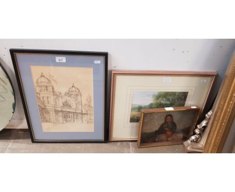 Three original works; a pencil drawing 'The Opera House, Buxton' signed D Russell, a 20th century gouache painting and a 19th