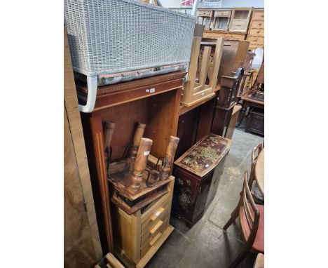 A mixed lot of furniture including light oak bedside cabinet, light oak occasional tables, hardwood side table, Lloyd Loom wi