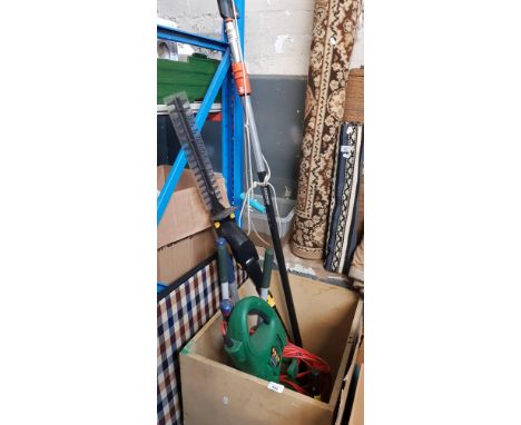 Garden equipment to include hedge trimmer, Gardena extending lopper, GTech extending hedge trimmer with battery, loppers
