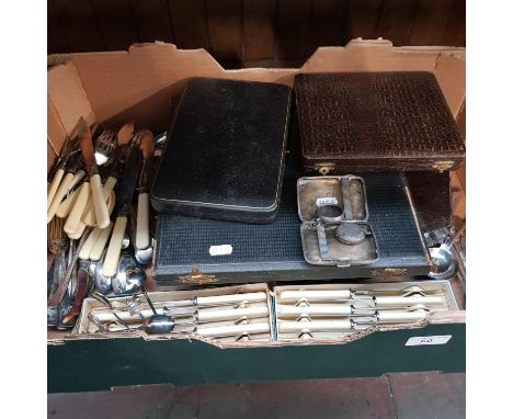 A box of silver and silver plated ware including cased cutlery sets, silver pocket watch, silver pocket watch case and a hall