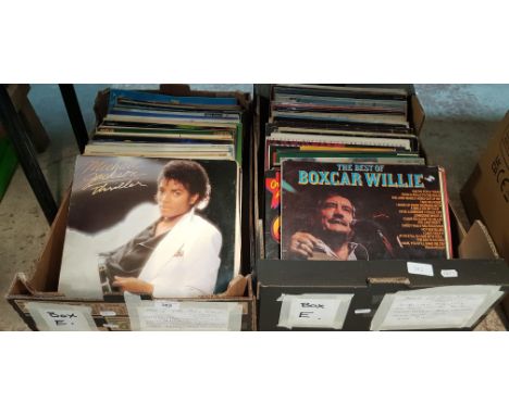 Two boxes of vinyl LP records, pop, jazz, country, etc, including Johnny Cash, Thin Lizzy, Elvis, Chuck Berry, Jerry Lee Lewi