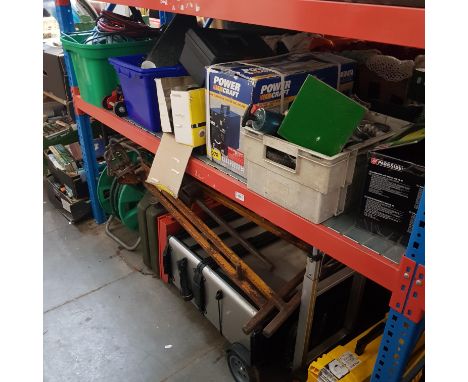 2 shelves of garage ware and tools including pipe bender, boxed Powercraft arc welder, another arc welder, trolley jack, whee