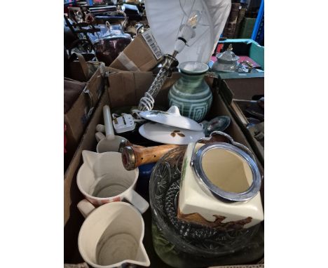 A box of assorted ceramics and items to include Cinque Ports pottery, Staffordshire pottery Midwinter, Limburg, 2 wooden cand