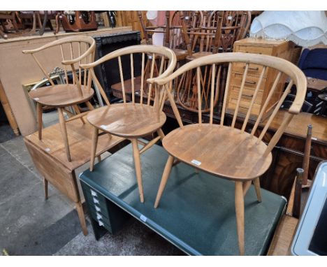 Three 1960s Ercol light elm 'Cowhorn' dining chairs, model 449A.
