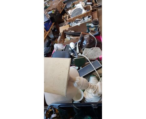 5 boxes of miscellaneous to include storage jars, studio ware, carriage clock, Mappin &amp; Webb embroidery thread wallet, en