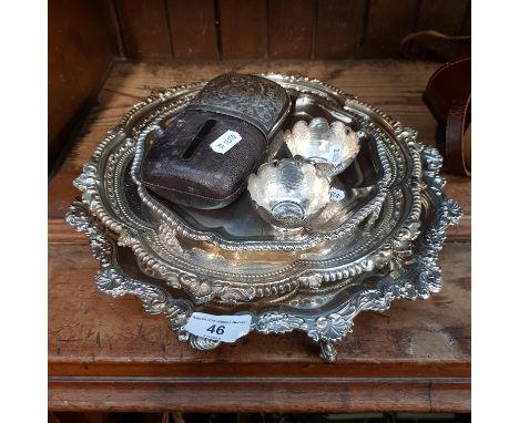 Silver plated ware comprising three footed trays, hip flask and two small dishes.