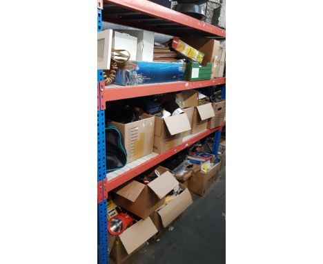 Three shelves of mixed  items to include convector heater, airbed, boxed frying pans, haberdashery, kitchenalia, handbags, pi