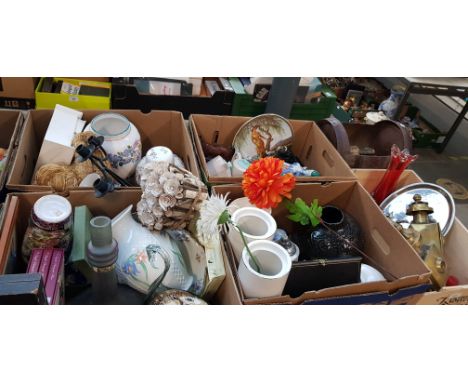 4 boxes, a wooden crate, and a small ornamental barrel, all containing ceramics, glass and metalware. Includes Beswick large 