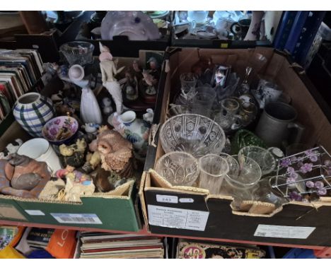 A box of glass ware and a box of ceramics, including figurines, Country Artists figure, Aynsley, Nao figure etc