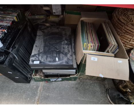 A box of LPs, and hifi equipment including Kenwood amp, Sony record deck, Technics DVD player