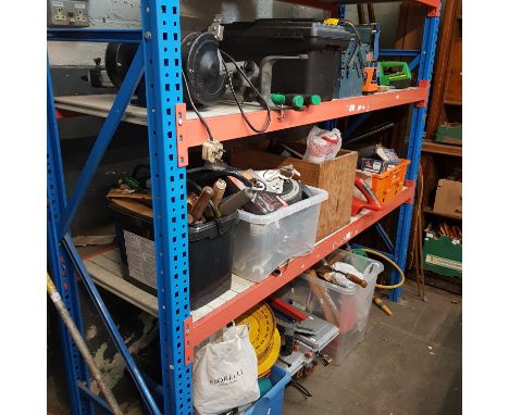 3 rows of garage and garden ware to include bench grinder, table saw, hedge trimmers, mitre saw, 2 toolboxes, cable extension