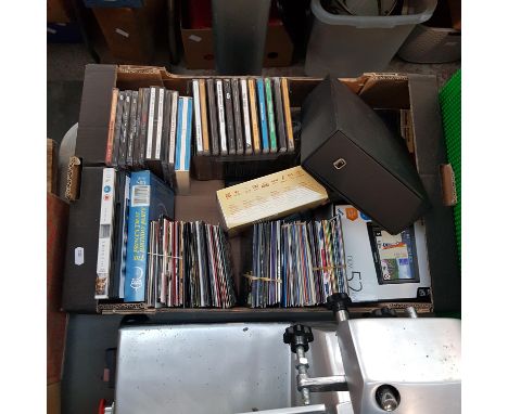 A box containing CDs, 2 x Canon camera, Garmin Satnav, Zenith binoculars 20 x 50