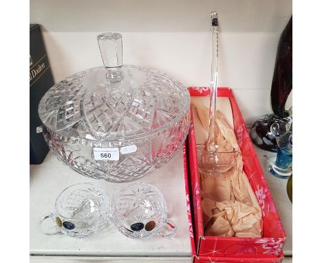 Vintage Bohemia lead crystal - a well-cut and very large, deep punch bowl approx 26cm diameter with lid, boxed ladle and 2 pu