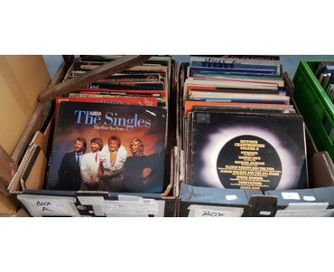 Two boxes of vinyl LP records including Elvis 'Blue Hawaii', Motown Chartbusters, Cilla, Best of Bread, Sinitta, The Rubettes