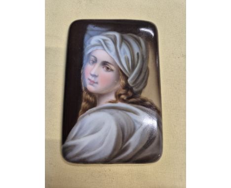 A German miniature porcelain plaque depicting portrait of Beatrice Cenci, original c 1600, size appx 9.2cm x 6 cm
