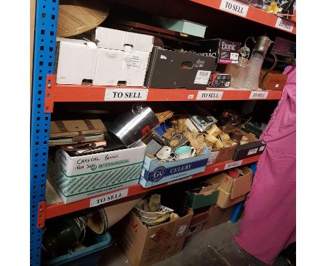 Three shelves of mixed items including Denby pottery, Kiln Craft pottery, table lamps, ice bucket, typewriter, pictures, vide