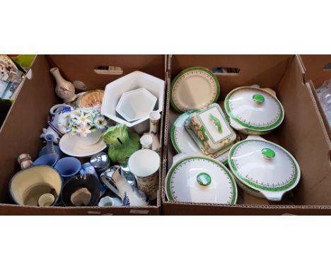 A box of mixed ceramics including jasper ware, Aynsley, Royal Winton, Royal Doulton character jug, and a box of Alfred Meakin