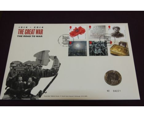 GB 2014 THE GREAT WAR, FIRST DAY NUMISMATIC COVER WITH £2 ENCAPSULATED  Fine cover with set of 6 stamps from 2014 along with 