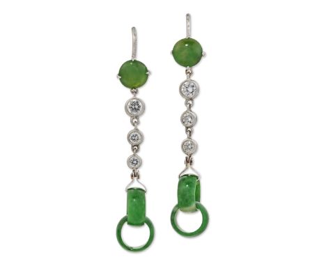 A PAIR OF JADE AND DIAMOND CLIP EARRINGS, interlocking jade hoops suspended from articulated round brilliant-cut diamond link