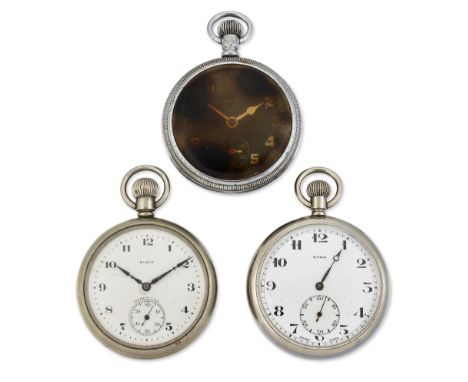 A GROUP OF THREE MILITARY POCKET WATCHES, COMPRISING; A GENERAL SERVICE TIMEPIECE BY ELGIN, with a circular black dial and Ar