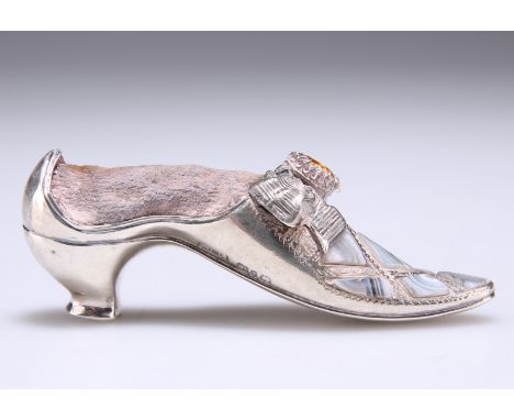 A VICTORIAN SILVER NOVELTY PIN CUSHION,&nbsp;by Adie &amp; Lovekin Ltd, Birmingham 1890, in the form of a shoe, with Scottish