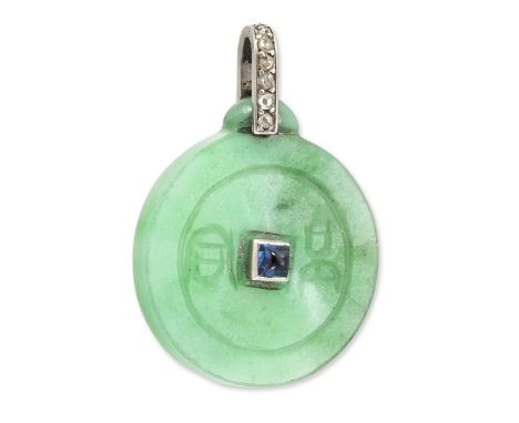 AN ART DECO JADE, SAPPHIRE AND DIAMOND PENDANT, a circular jade plaque engraved each side with Chinese characters and set cen