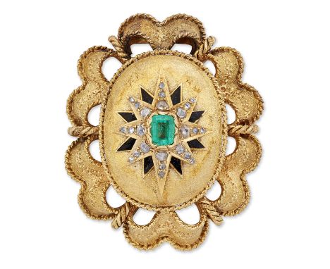 AN EMERALD, DIAMOND AND BLACK ENAMEL BROOCH, an octagonal-cut emerald within a diamond set star motif with black enamel accen