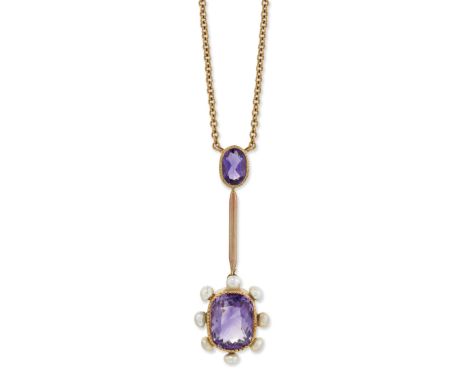AN AMETHYST AND SEED PEARL PENDANT ON CHAIN, an oval-cut amethyst in a milgrain setting suspending a long bar terminating in 