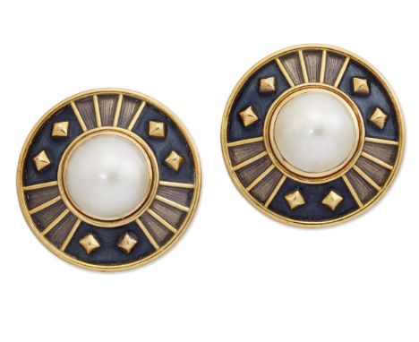 DE VROOMEN: A PAIR OF 18 CARAT GOLD CULTURED MABE PEARL CLIP EARRINGS, mabe pearls within blue and grey enamel frames, with g