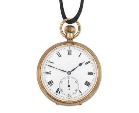 A 9 CARAT GOLD OPEN FACED POCKET WATCH, circular white enamel dial with black roman index and outer minute track, sub seconds